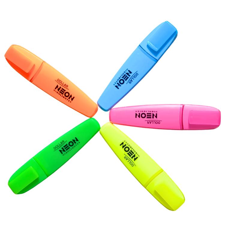 Quick-Dry Neon Highlighter Set 5 pcs bright colors for school office notes journaling