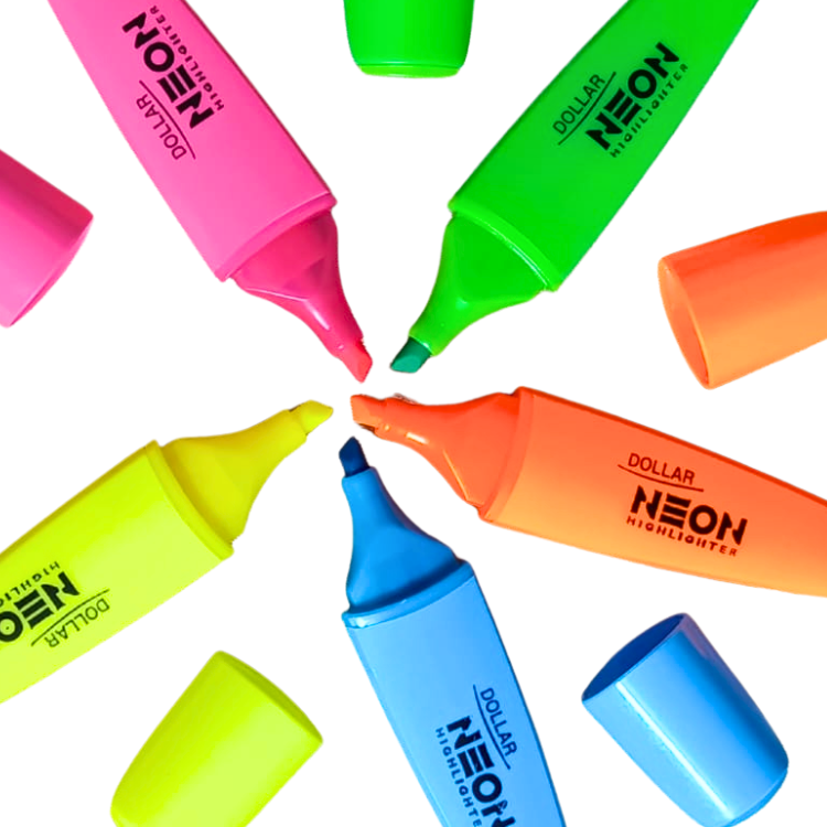Quick-Dry Neon Highlighter Set 5 pcs bright colors for school office notes journaling