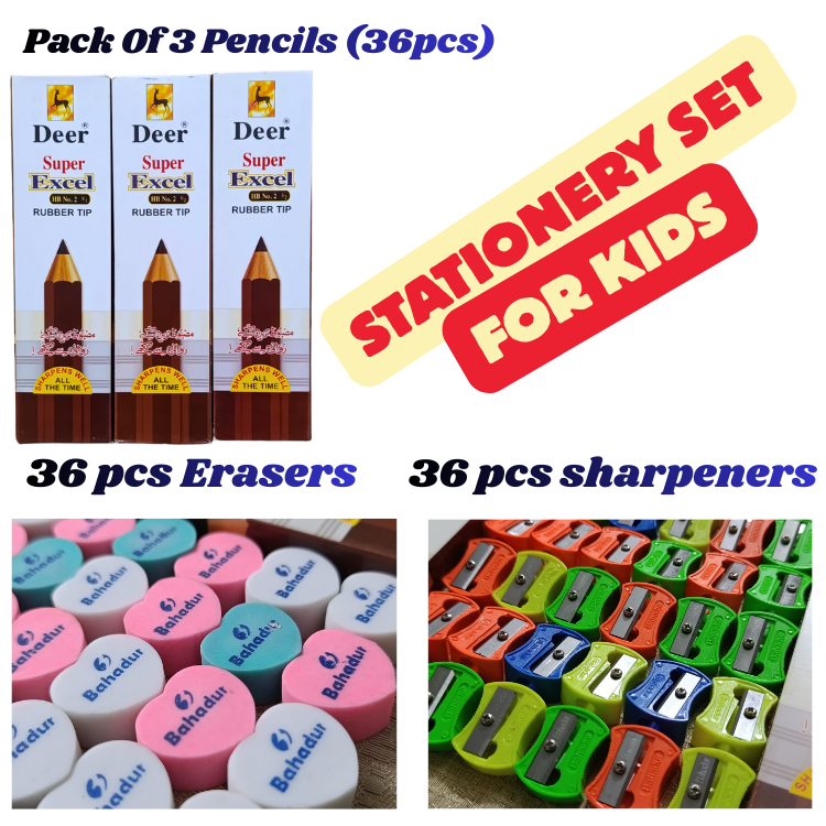 Simple school stationery set for kids 36 pencils 36 erasers 36 sharpeners classroom exam kit