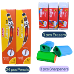 Simple Stationery Set – 24 Lead Pencils + 3 Erasers + 3 Sharpeners - Image 2
