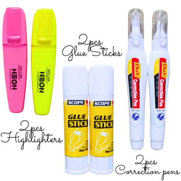 Pack of 6 Assorted Stationery Items Highlighters Whiteners Glue Sticks