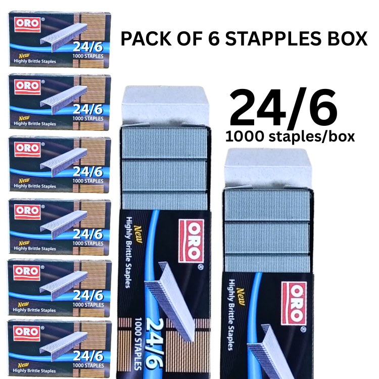 Pack of 6 ORO staple pins boxes 24/6 size 1000 pcs per box manual hand use office school Pakistan