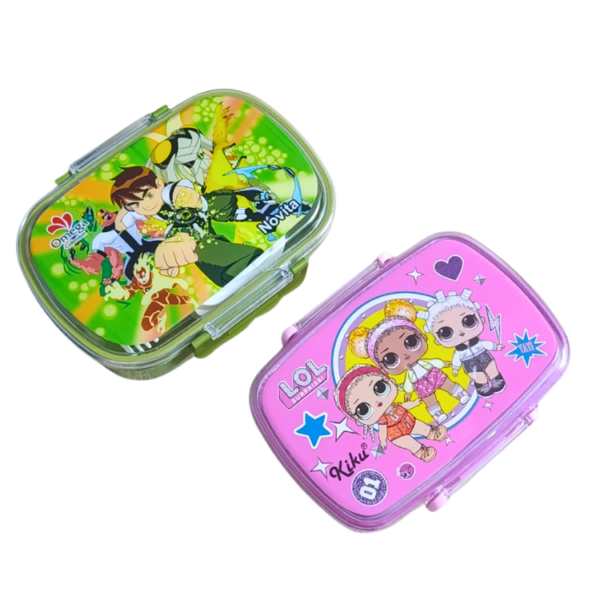 Kids lunch box cartoon printed plastic food storage secure lock school boys girls Pakistan