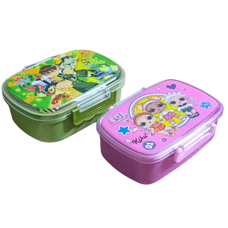 Kids lunch box cartoon printed plastic food storage secure lock school boys girls Pakistan