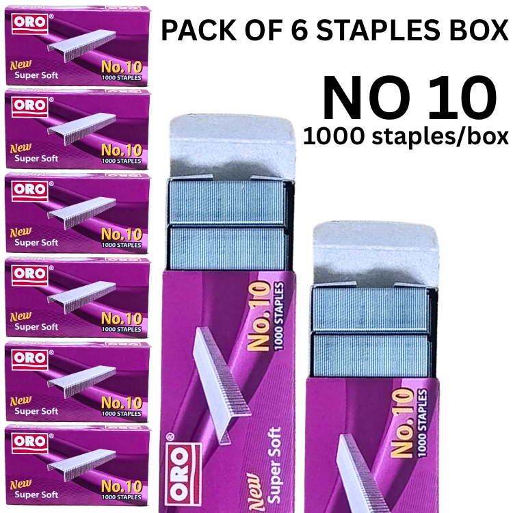 Pack of 6 ORO staple pins boxes No.10 size 1000 pcs per box manual hand use office school Pakistan