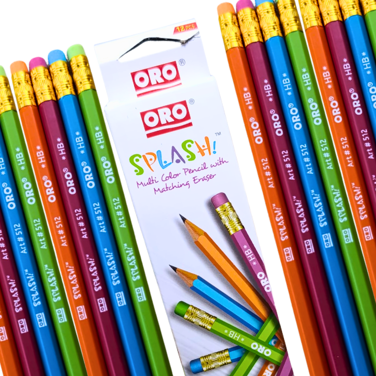 ORO Splash multicolor lead pencils with matching erasers pack of 12 smooth writing school kids Pakistan