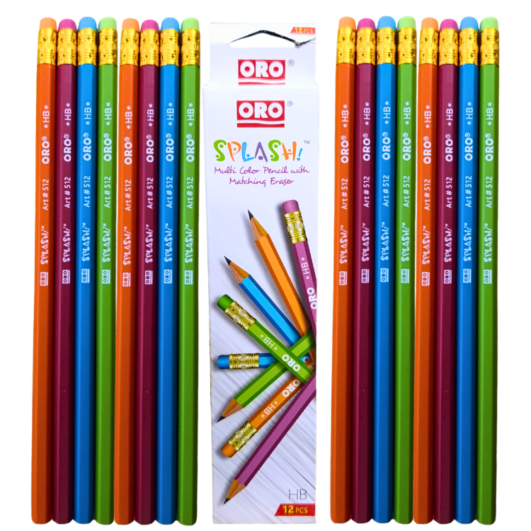 ORO Splash multicolor lead pencils with matching erasers pack of 12 smooth writing school kids Pakistan