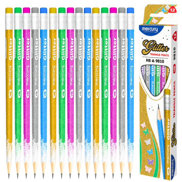 Mercury Glitter Triangle Lead Pencil Box of 12 smooth writing and drawing pencils