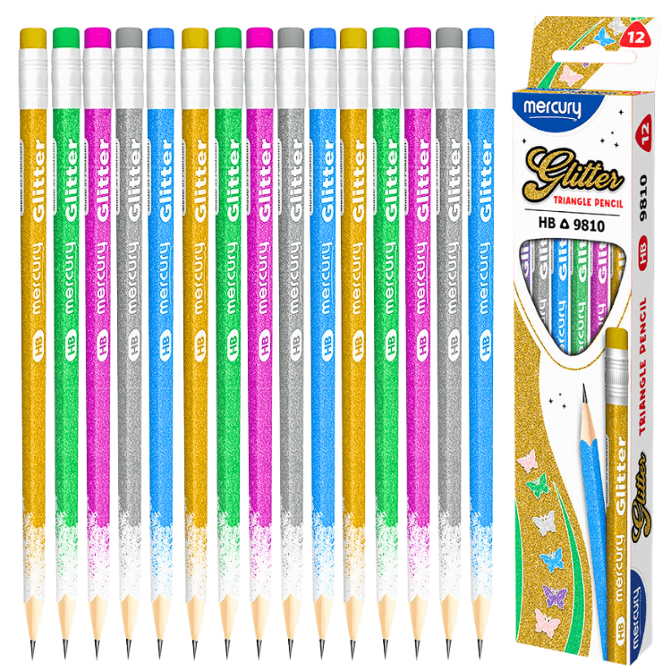 Mercury Glitter Triangle Lead Pencil Box of 12 smooth writing and drawing pencils