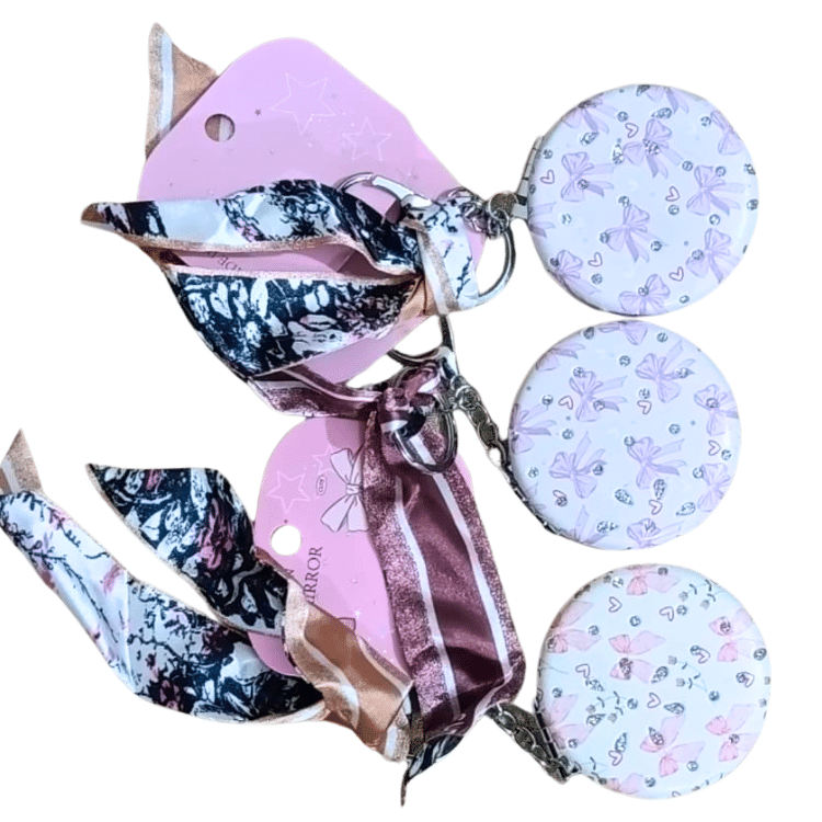 Compact Cosmetic Mirror Keychain – Floral Print | 1 Pc