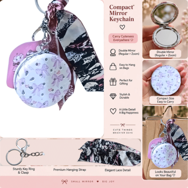 Compact Cosmetic Mirror Keychain – Floral Print | 1 Pc